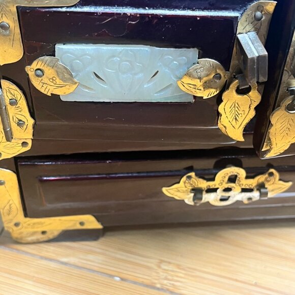 Vintage Chinese-Inspired Wooden Jewelry Box W/ Brass & Mother-Of-Pearl Inlay - Picture 3 of 11